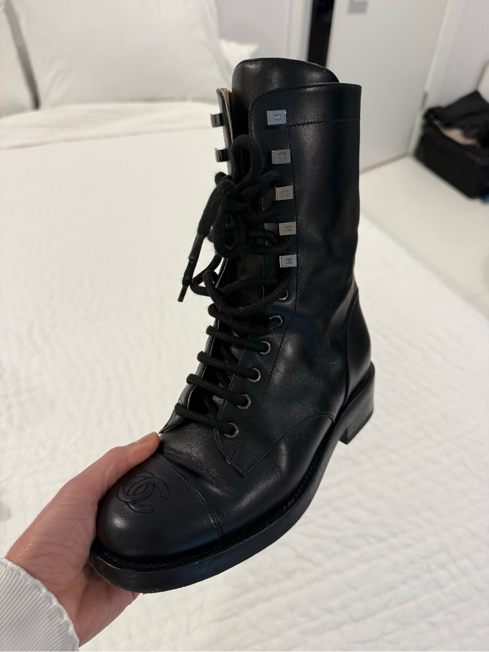 CHANEL Black Leather Lace-Up Ankle Boot with Logo Cap